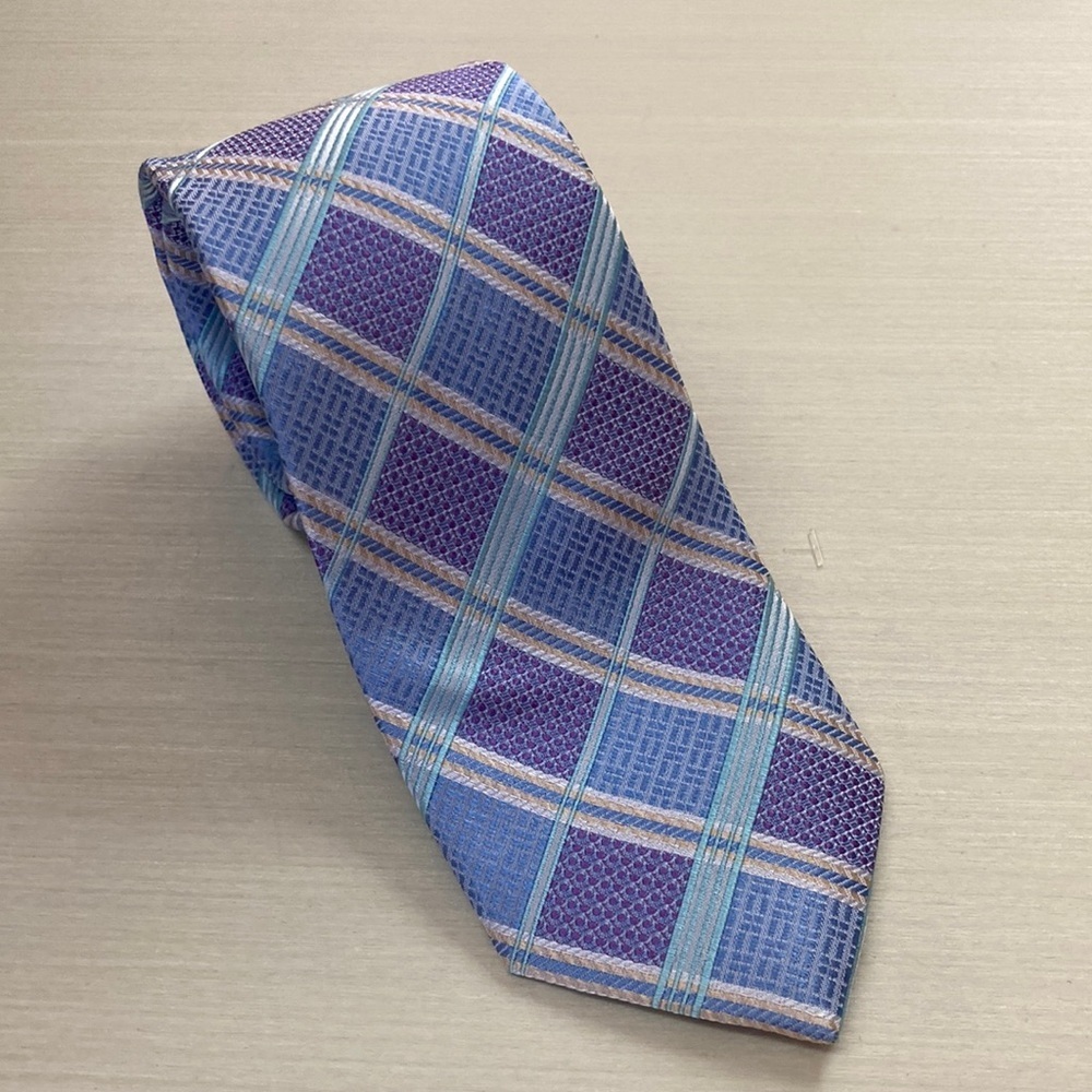 XMI Platinum Men's Neck Tie Pastel‎ Blue Purple Plaid 100% Silk 58"